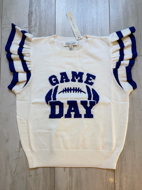She + Sky Sweaters - NWT She+Sky Flutter Sleeve Cream & Blue Game Day Football Soft Sweater Small